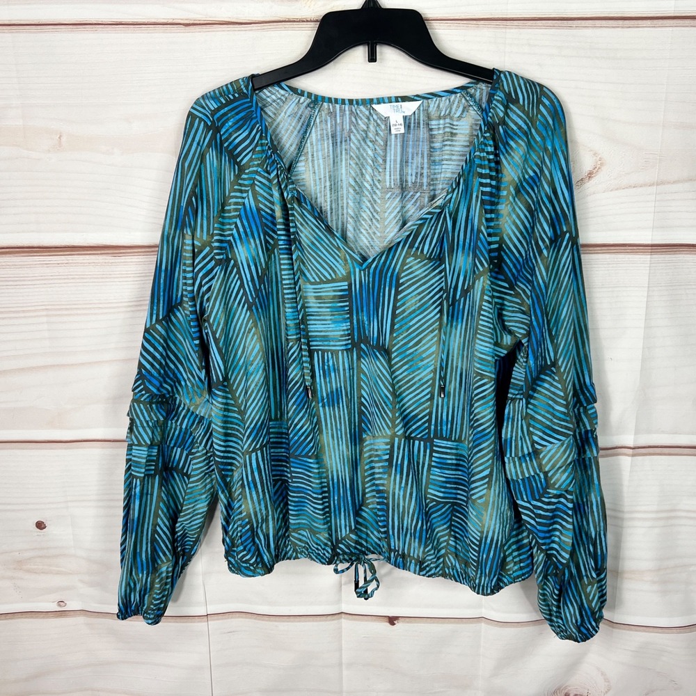 Time And Tru Top Women L Blue Green Stripe Blouse Drawstring Waist Tassels Woven